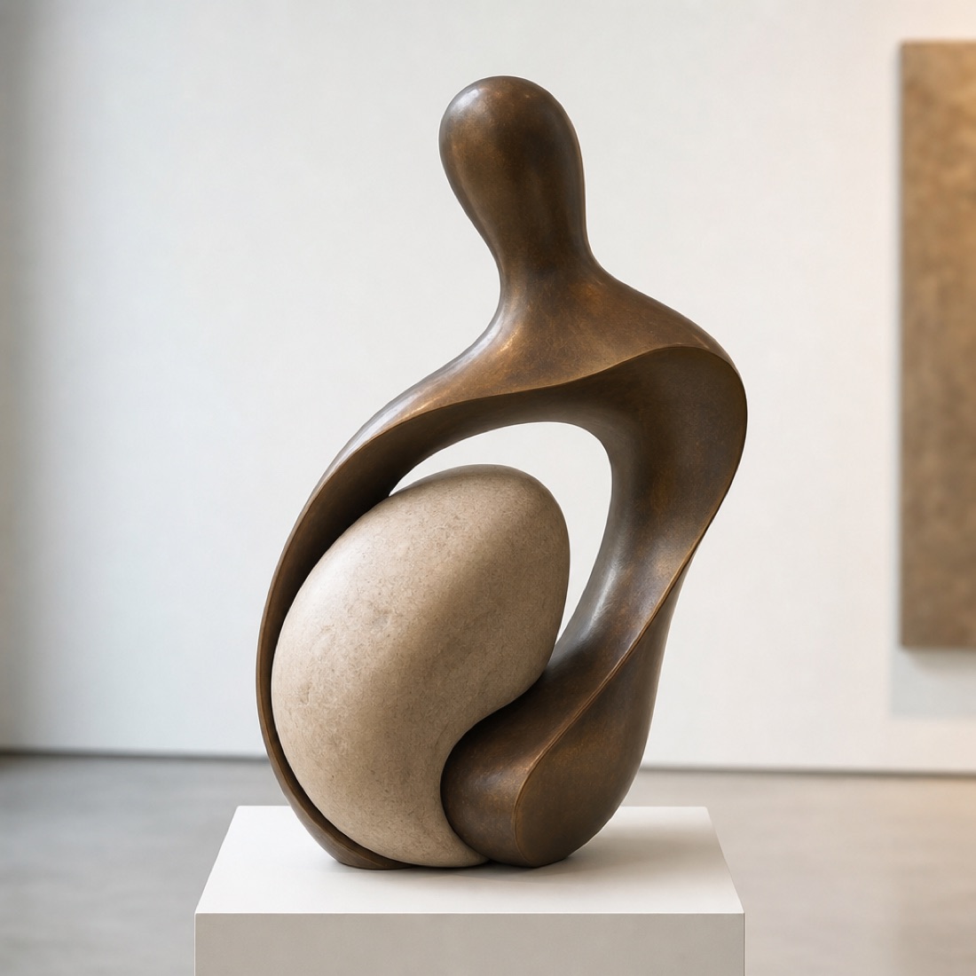 Smooth abstract sculpture on a white plinth in a gallery
