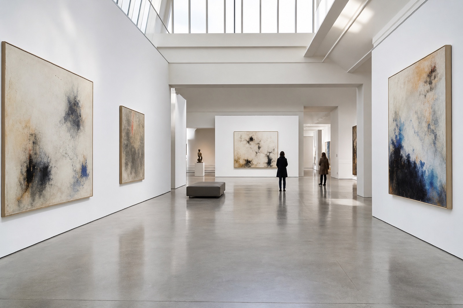 Bright contemporary gallery hall with large abstract paintings on white walls